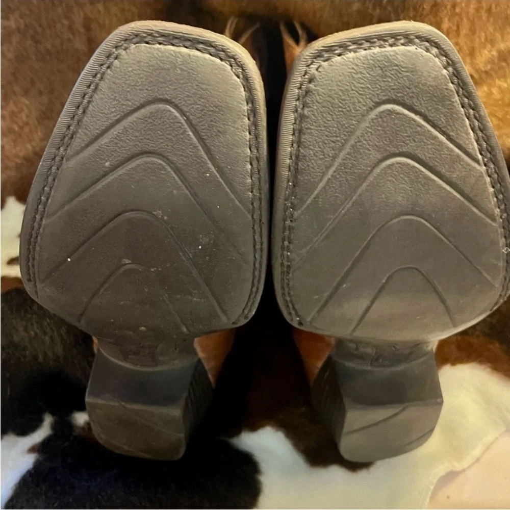 BROWN BOOTS SQUARE TOE RIDING HEEL LADY 8 MEN 7D ARIAT SPUR SHELF STITCH UNISEX - Picture 11 of 15